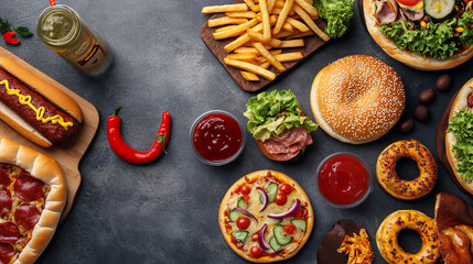 Fototapeta premium Fast food burgers, drinks and desserts poster and web banner templates. Vector sketch cheeseburger or hamburger and hot dog fastfood sandwich, donut cake and coffee or soda drink and pizza