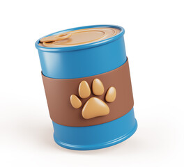 3d pet food tin can with paw print label of dog or cat. Blue brown canned round closed metal jar with natural wet feed, meat or fish, isolated preserve container. Cartoon render icon. 3D illustration