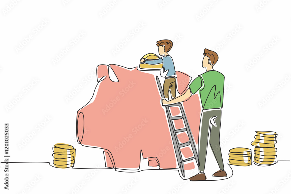 Poster single one line drawing boy climbs piggy bank using ladder and puts big coin into it. get support to