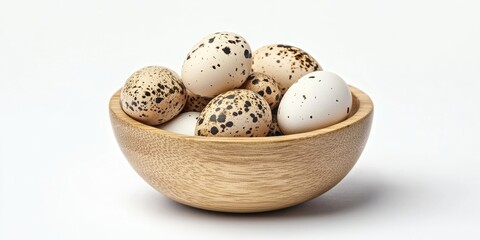 Organic quail eggs in a round wooden bowl on a light background highlighting their speckled textures and healthy natural appeal