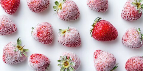 Frozen strawberries arranged in various positions on a white background maximizing copy space with bright red and frosted details on fruits