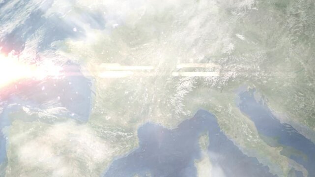 Earth zoom in from space and focus on Bron, France. Background for travel intro or blog. Satellite view. 3D style Animation. Images from NASA.