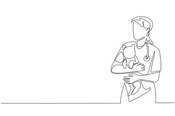 Single continuous line drawing female veterinarian holding a cat. Calming before taking further action. Do it voluntarily. The professional. World Veterinary Day. One line design vector illustration