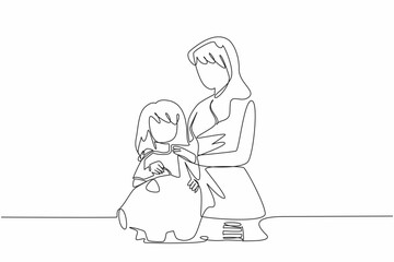 Continuous one line drawing mother holding her daughter who is putting coins into a piggy bank. Agree in body language. National Teach Children to Save Day. Single line draw design vector illustration