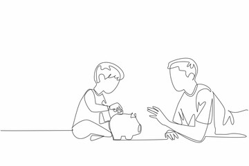 Single continuous line drawing father lying on stomach accompanying his son putting coins into the piggy bank. Hobby of saving. National Teach Children to Save Day. One line design vector illustration