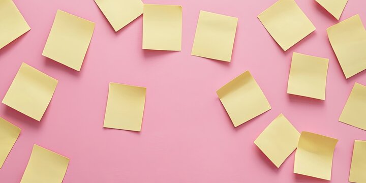 Colorful arrangement of vacant yellow sticky notes scattered on a bright pink surface creating a playful backdrop ideal for reminders and messages