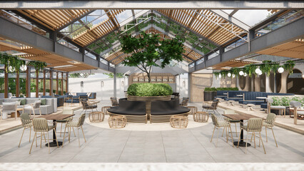 Minimalist Industrial Cafe restaurant Design.3d rendering perspective.Isomatric view.
