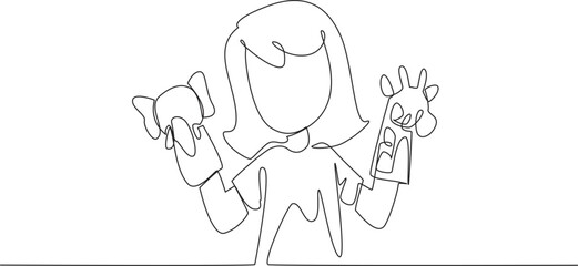 Single continuous line drawing girl playing elephant and giraffe hand puppets in both hands. Fiction story performance practice. Fable. National Day of Puppetry. One line design vector illustration