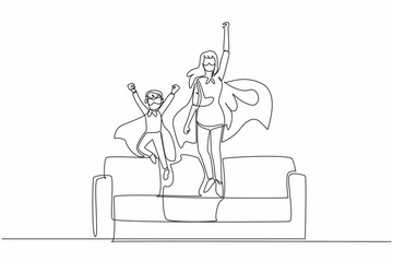 Continuous one line drawing mother and a boy jump from the sofa. Superhero family. Eliminate germs and bacteria at home. Metaphor. Autism Super Mom Day. Single line draw design vector illustration