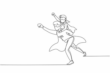 Single one line drawing mother carries her daughter on her back and poses as if she wants to fly. Will eradicate germs in the house. Autism Super Mom Day. Continuous line design graphic illustration
