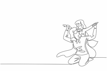 Single continuous line drawing a mother and her daughter playing together. Work together to eradicate germs at home. Superhuman strength. Autism Super Mom Day. One line design vector illustration