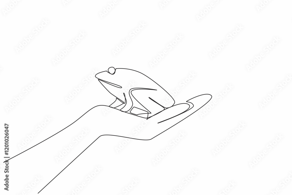 Poster single continuous line drawing frog on open palm. released into their natural habitat to live in the