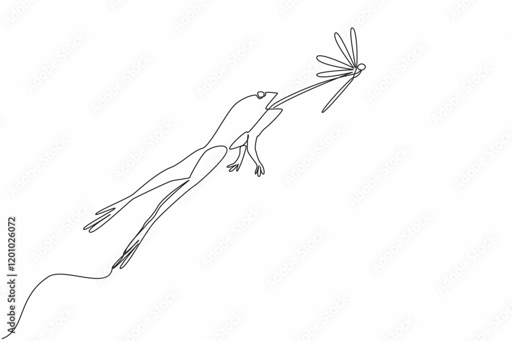 Poster continuous one line drawing frog jumping with tongue sticking out to prey on dragonfly. natural resp