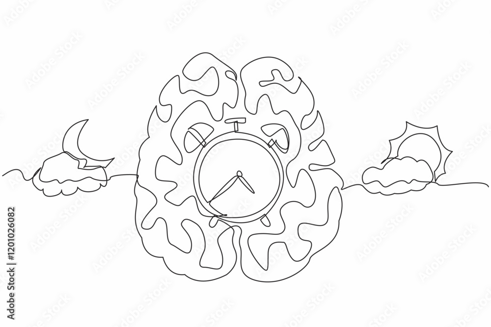 Poster single continuous line drawing in middle of brain is alarm clock, with a cloudy sun and a cloudy cre
