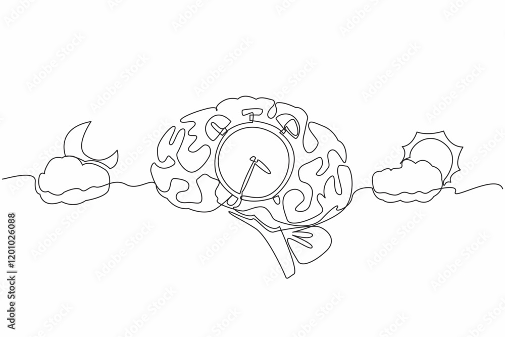 Poster single one line drawing alarm clock in the middle of the brain with cloudy sun and cloudy crescent m