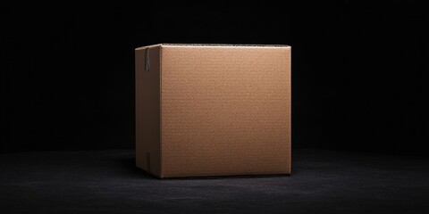 Closed brown cardboard box positioned centrally on a black background, showcasing textured surface and ample copy space around the box.
