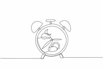Single one line drawing alarm clock which has a picture of a cloudy crescent moon and a picture of a cloudy sun. Circadian rhythm. Biological Clock Day. Continuous line design graphic illustration
