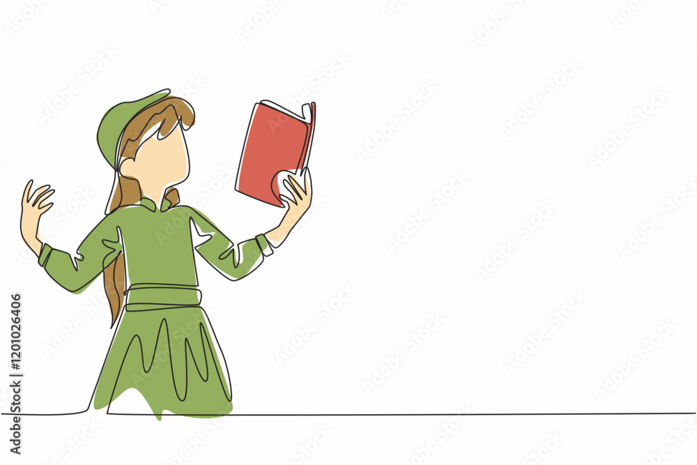 Poster continuous one line drawing a girl reading a book or poem with an attractive pose. exploring hidden 