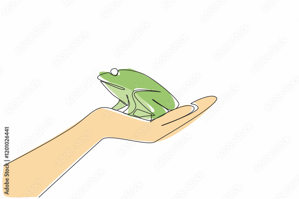 Poster single continuous line drawing frog on open palm. released into their natural habitat to live in the