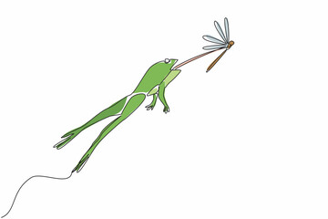 Continuous one line drawing frog jumping with tongue sticking out to prey on dragonfly. Natural response. Hungry. Attempt to get food. Save The Frogs Day. Single line draw design vector illustration