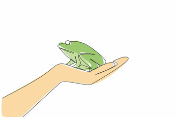 Single continuous line drawing frog on open palm. Released into their natural habitat to live in the wild. Balance of nature. Environmental. Save The Frogs Day. One line design vector illustration