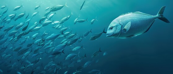 Naklejka premium Underwater scene with a large fish among a school of smaller fish.