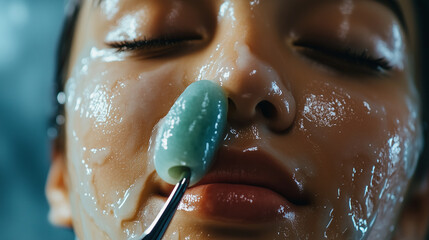 A woman using a jade roller on her face