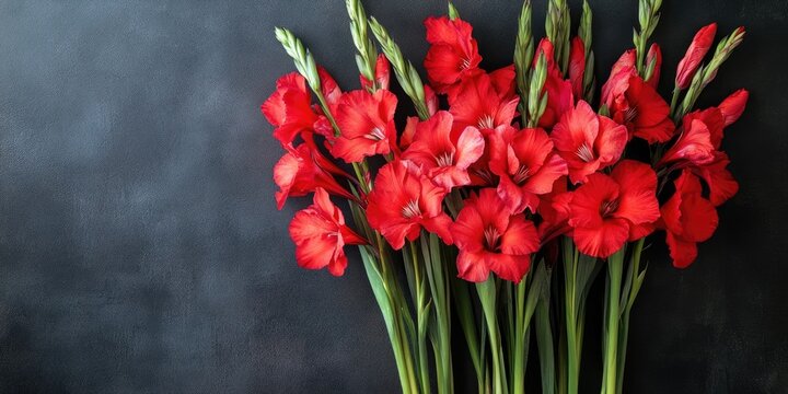 Vibrant red gladioli flowers in a striking bouquet against a dark textured background, creating space for text on the right side of the image.