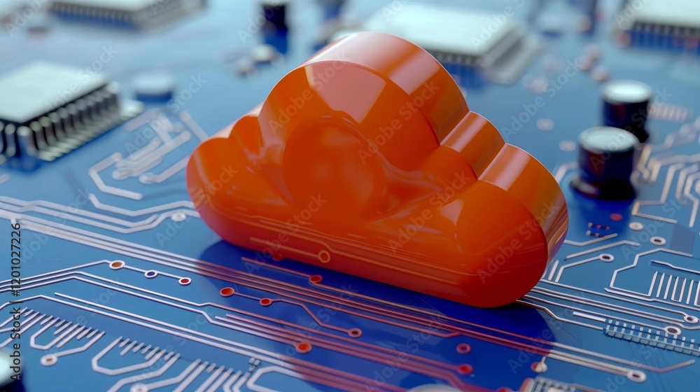 Poster orange cloud icon on blue circuit board background representing cloud computing and digital storage