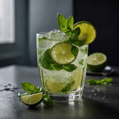 A cool basil and lime refresher in a transparent tumbler.