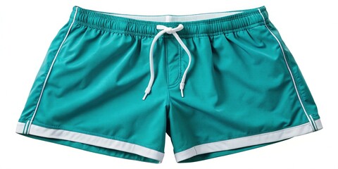 Teal Swim Trunks, White Border, Drawstring Shorts, Summer Fashion, Men's Swimwear