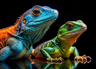 Fototapeta premium Two Vibrant Lizards on Black Background: Close-Up Portrait Photography