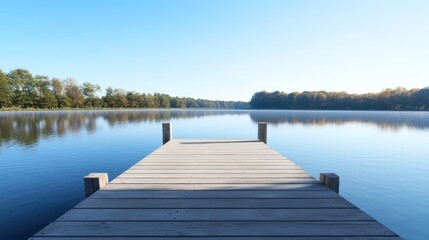 Naklejka premium Serene lakeside view with a wooden dock extending into calm waters.