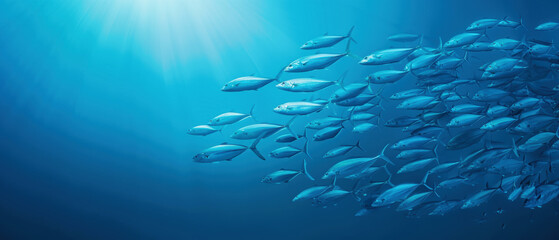 Underwater scene with a school of fish swimming in blue ocean waters.