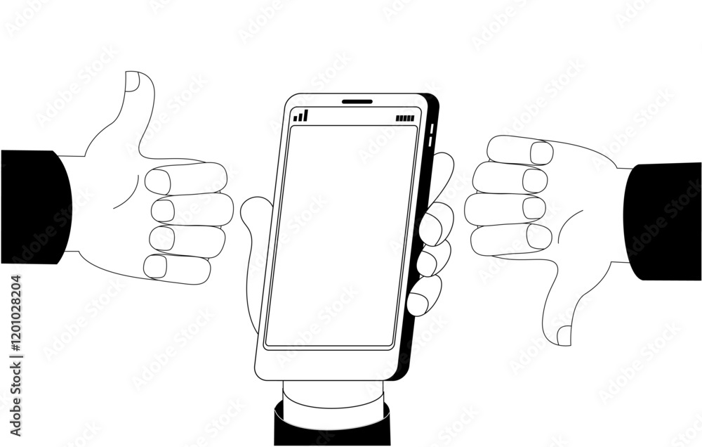 Poster hands showing like and dislike near phones. vector illustration in simple linear style. vector illus