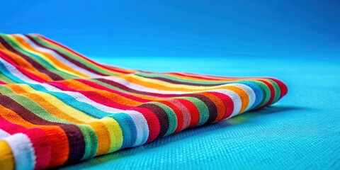 Vibrant Blue Background with Striped Beach Towel - Summer Vacation Stock Photo