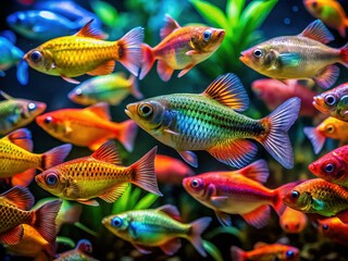 Fototapeta premium Vibrant Freshwater Fish: Close-Up Aquarium Barbs Night Photography