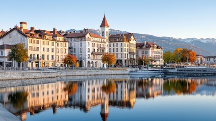 Scenic lakeside view of charming buildings reflecting in water.