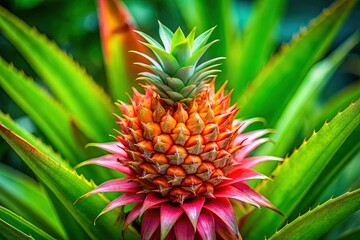 Fototapeta premium Vibrant Tropical Pineapple Flower Closeup on Lush Green Leaves