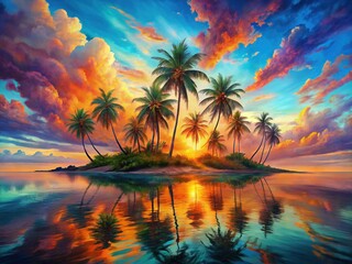 Vibrant Tropical Sunset Paradise: Abstract Palm Trees & Ocean Landscape