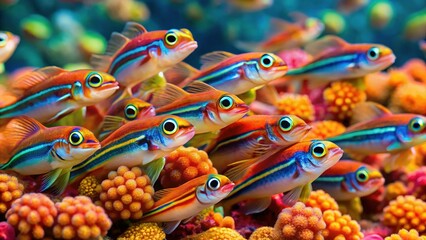 Fototapeta premium Vibrant Wakatobi Coral Reef with School of Convict Blennies, Indonesia