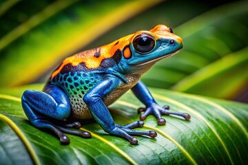 Obraz premium Vibrant Tropical Poison Dart Frog on Lush Green Leaf, Close-up Stock Photo