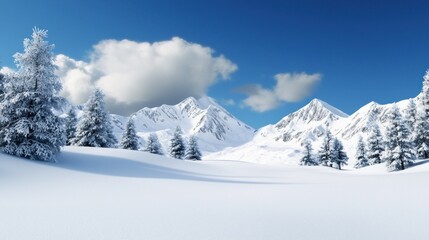 Obraz premium A serene winter landscape with snow-covered mountains and trees.