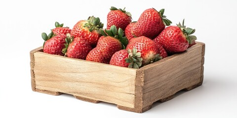 Red strawberries arranged in a wooden basket centered on a white background with vibrant green leaves peeking out from the edges of the fruit