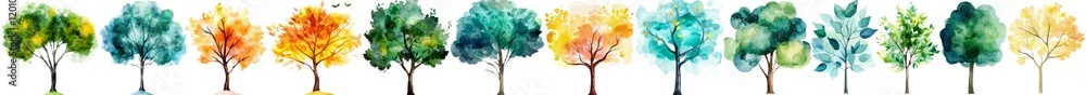 Poster a collection of watercolor green trees with a transparent backdrop