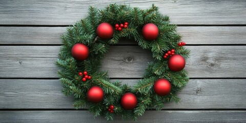 Festive Christmas wreath with fresh green spruce branches and shiny red ornaments on a rustic wooden background emphasizing holiday cheer