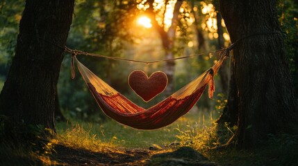 Cozy hammock with love symbol at sunset.