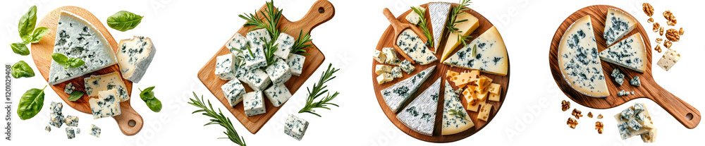 Poster isolated on a transparent background is a half-circle of gorgonzola cheese on a cutting board