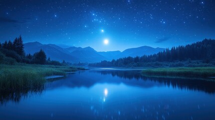Serene Night Landscape with Tranquil River and Starry Sky