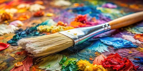 Obraz premium A paintbrush rests on a vibrant artist's palette, showcasing a spectrum of richly textured colors.